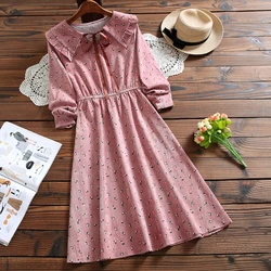 Mori girl cute kawaii print sweet dress new autumn fashion bow long sleeve corduroy women vintage vestidos