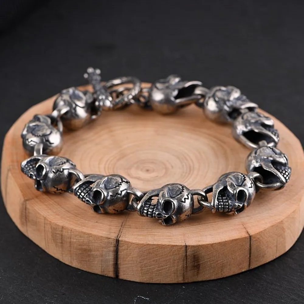 

New S925 silver retro craftsmanship three-dimensional skull men's bracelet Thai silver fashion bracelet for men
