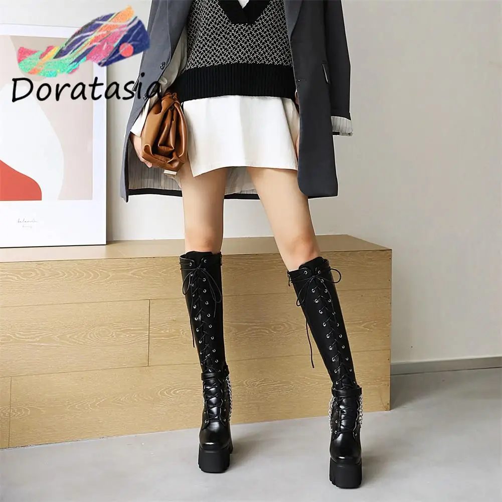 DORATASIA Big Size 43 Female Lace Up Zipper Knee High Boots Chain High Heel Platform Women Shoes Luxury Women Street Shoes