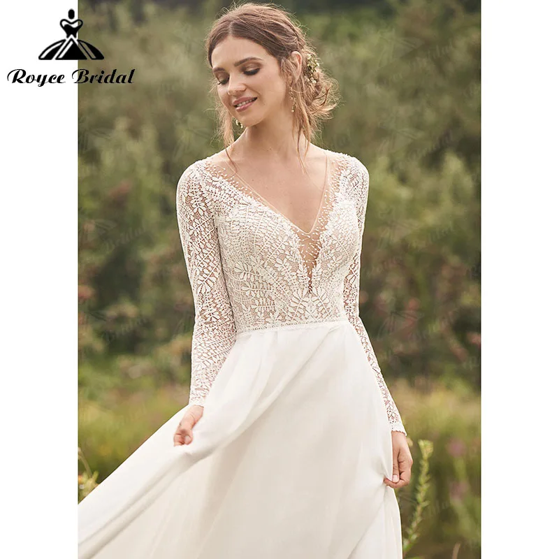 Roycebridal – robe de mariée élégante ligne A, style Boho, avec boutons au dos, manches longues, col en V, dos nu, dentelle, mousseline de soie