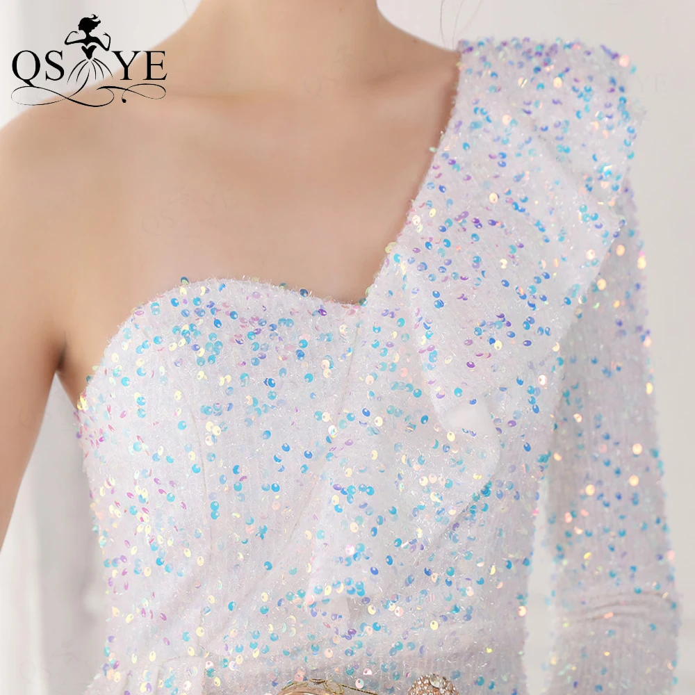 Abiti da sposa corti bianchi lucidi abito da sposa con paillettes a sirena scollo a cuore maniche lunghe elegante abito da sposa con volant