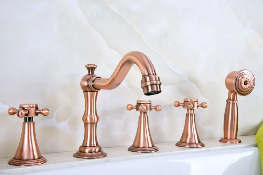 

Antique Red Copper Five Hole Deck Mounted Bathroom Tub Faucet Set with 1500MM Handheld Spray Shower Mixer Tap 2tf216