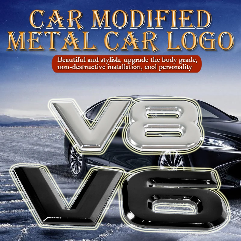 

Auto Metal Alloy 3D V6 Logo Engine Displacement Trunk Rear Car Badge Decal Chrome V8 Side Wing Emblem Sticker Car Styling