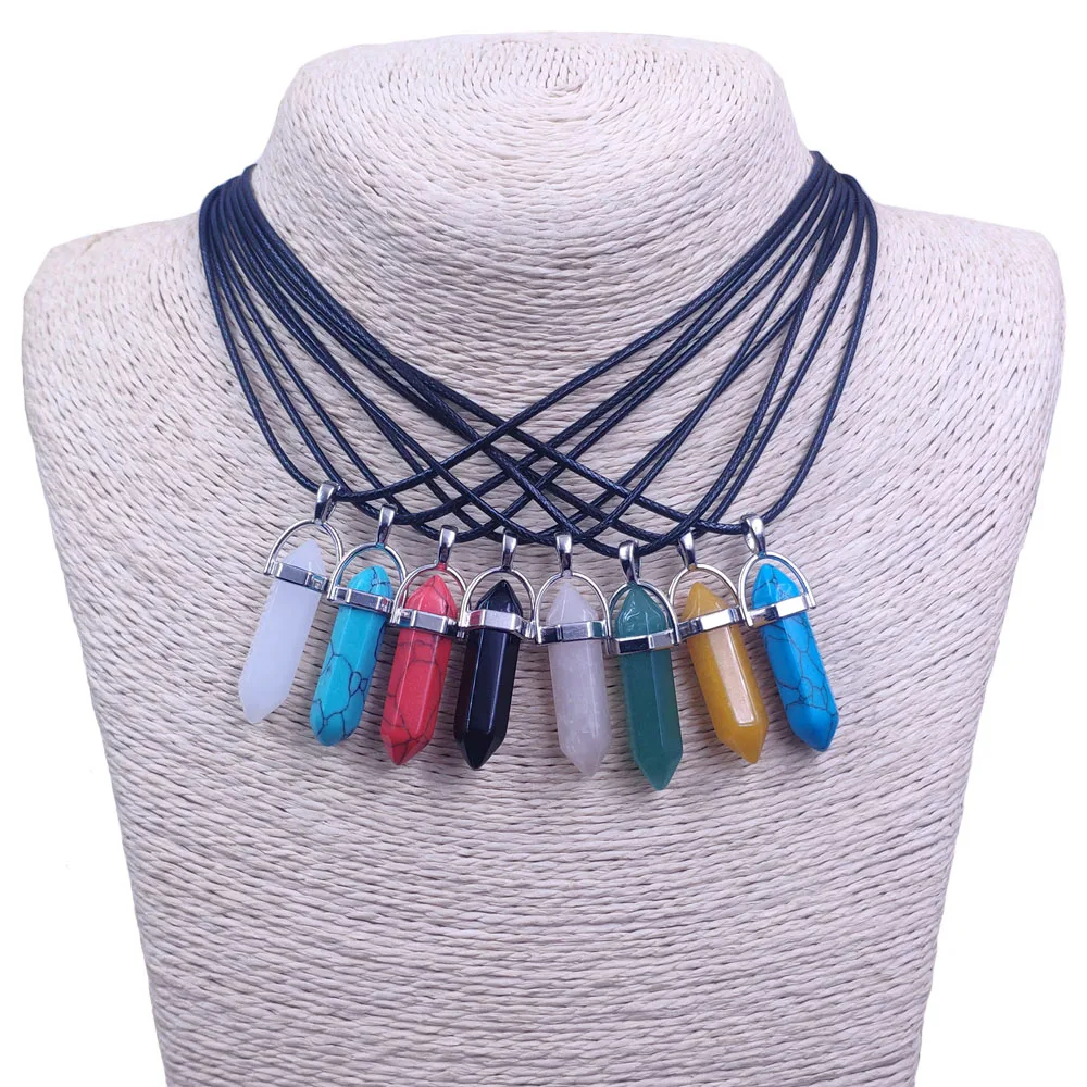 12 Styles Colorful White Glass Natural Stone Rope Pendant Necklace Gift For Girls Pupil Women CP001-012