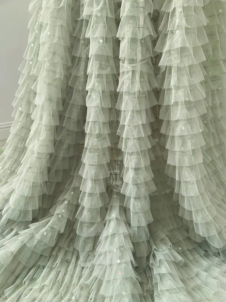 1 yard Sage Green Ruffle Fabric For Cake Dress With Sequins Frilled Fabric For Tutu Dress, Photography Prop Backdrop