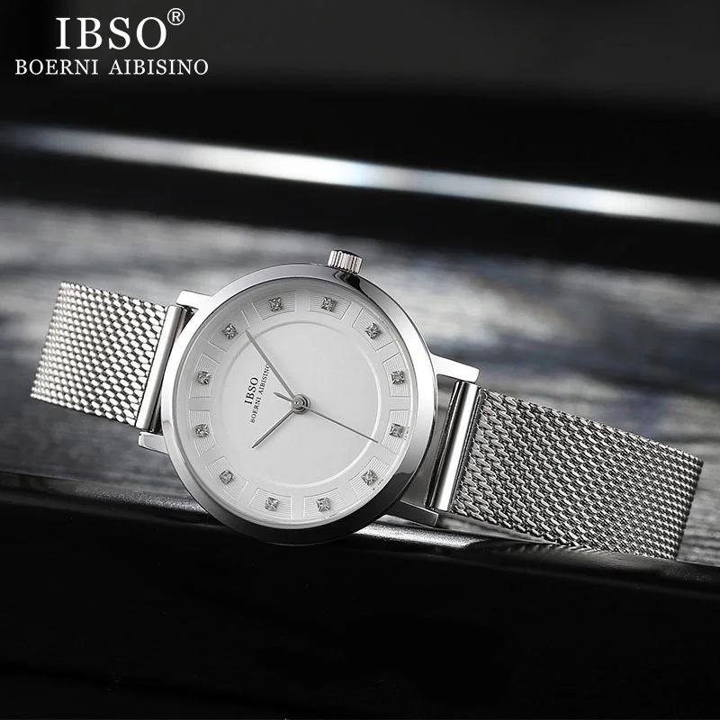 IBSO Women\'s Watches Set 8mm Ultra thin Silver Mesh Stainless Steel Strap Quartz Clock Hours Sets Ladies Birthday Gift