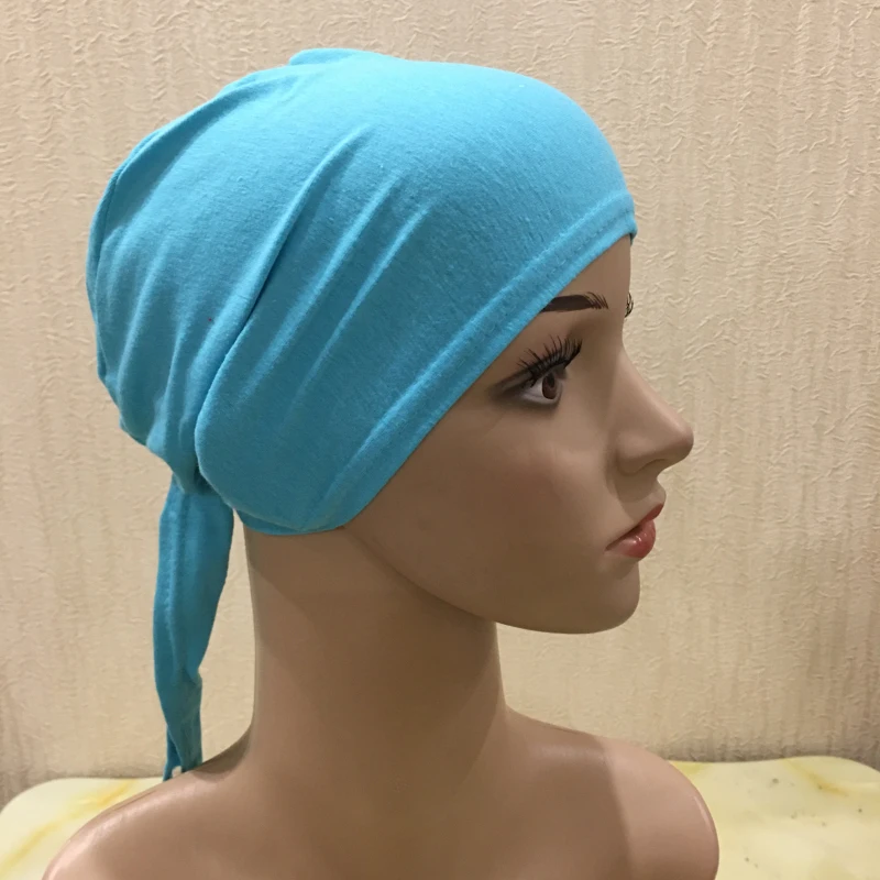 H048 Plain Cotton Tie Back Hats Muslim Turban Pure Color Stretch Inner Hijabs Underscarf Women Head Scarf Under Hijab Bonnet
