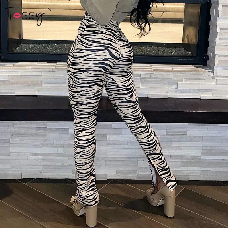 

Tossy Female Trousers Casual Zebra Print Straight Leg Pants Split Out Spring Women Streetwear High Waist Fashion Ladies Pants