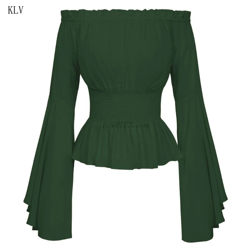 Womens Gothic Renaissance Blouse Flare Sleeves Ruffles Off Shoulder Corset Tops Victorian Cosplay Costume Pirate Shirt
