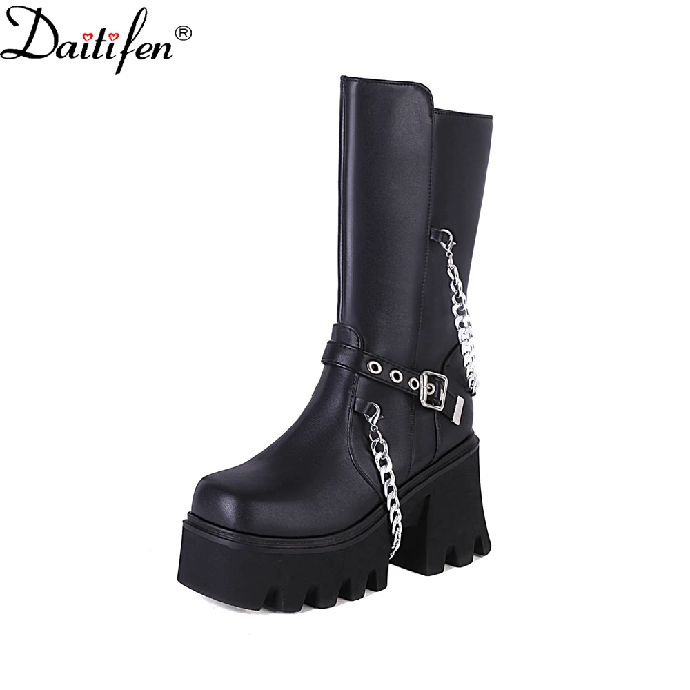 

Daitife Chain Thick Bottom But Knee Boots Women'S New Classic All-Match Cow Patent Leather Retro Handsome Strap High Boots