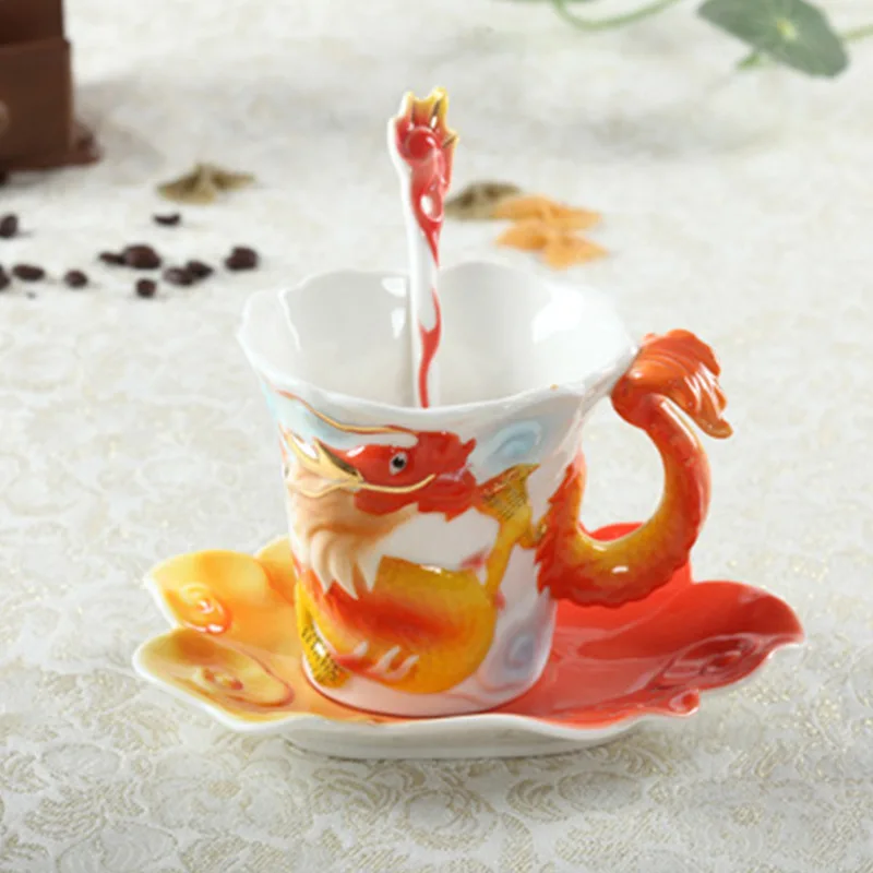 Dragon-Phoenix Coffee Mugs With Saucer Spoon 3D Handmade Porcelain Cups Hot Breakfast Tea Water Bottle Christmas Birthday Gift