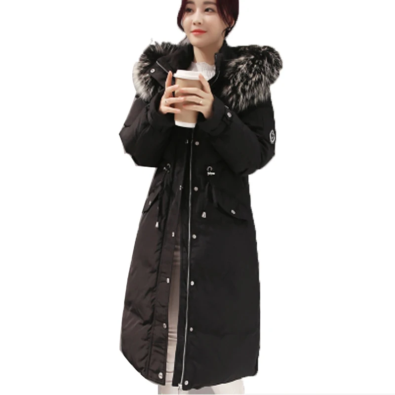 

Down Duck White Jacket Women Thicken Warm Real Fur Slim Waist Down Coat Medium Long Parka Coat Female doudoune femme XC009