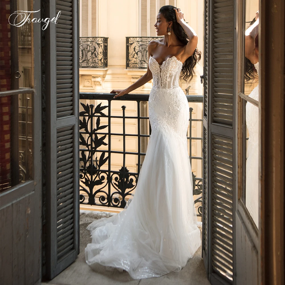 

Traugel Sexy Illusion Sweetheart Lace Mermaid Wedding Dresses Shiny Sequins Appliques Court Train Trumpet Bridal Gown
