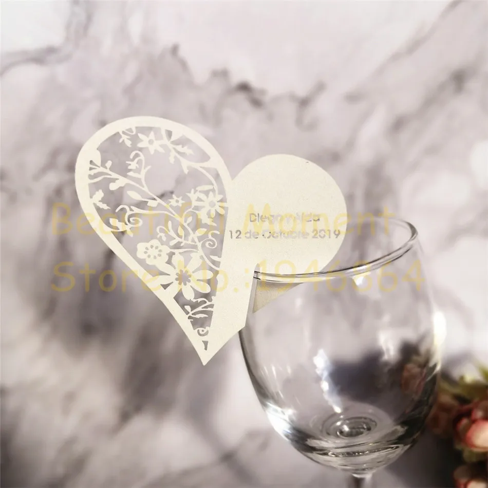 60X Lace Flower Wedding place cards,name place card love heart Wedding Favor, customized card wedding table mark wine glass card