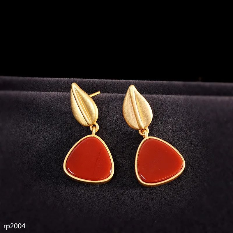 

KJJEAXCMY boutique jewelry s925 sterling silver jewelry gold plated women's southern red agate earrings straight leaves