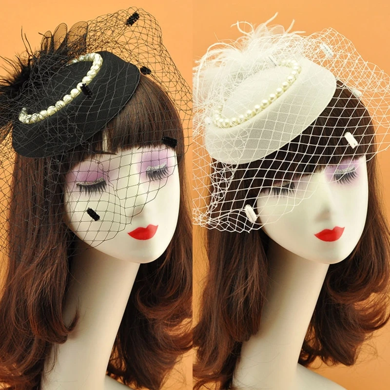

Novelty Feather Headdress with Veil Mesh Bowknots Pearl Fascinator Hat Pillbox Hat Headwear Tea Party Hair Ornaments