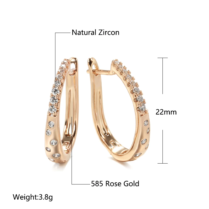 New 585 Gold Zircon Women Clip Earrings Natural Zircon Elegant Curve Bling Drop Earrings Piercing Hoops Fine Wedding Jewelry