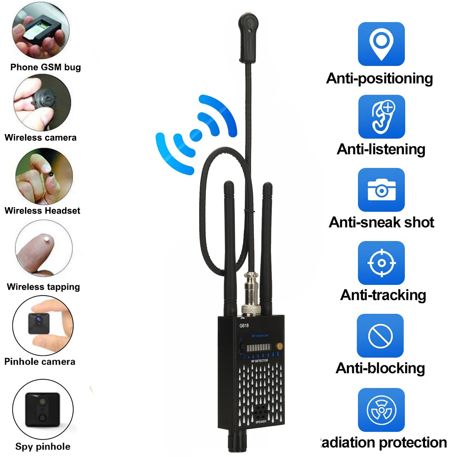 G618W Anti Spy Wireless RF Signal Detector Bug G318 GSM Audio GPS Tracker Camera Eavesdropping Device Professional Signal Finder