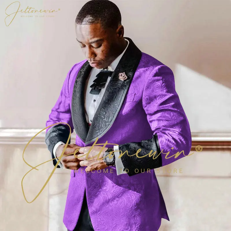 

Latest Coat Pant Designs Light Purple Jacquard Blazer Pant Men Suits For Wedding Slim Fit Tailor Made Groom Prom Tuxedos