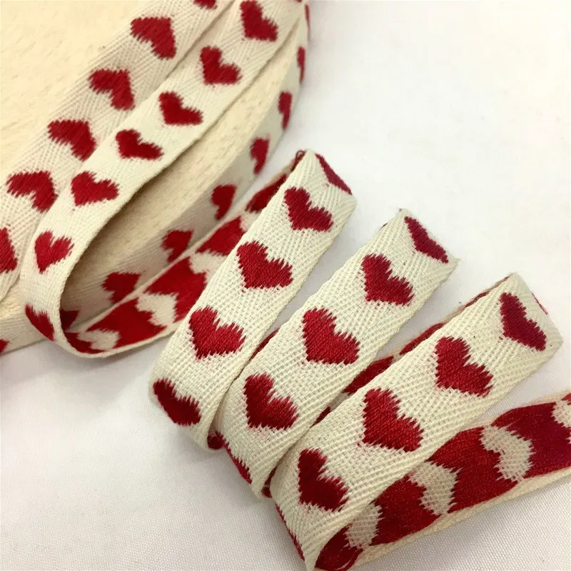 5Y 1.6cm Heart Jacquard Twill Webbing Cotton Ribbbon For Handmade Apparel Sewing Gift Floral Pack Easter Christmas Marriage Deco