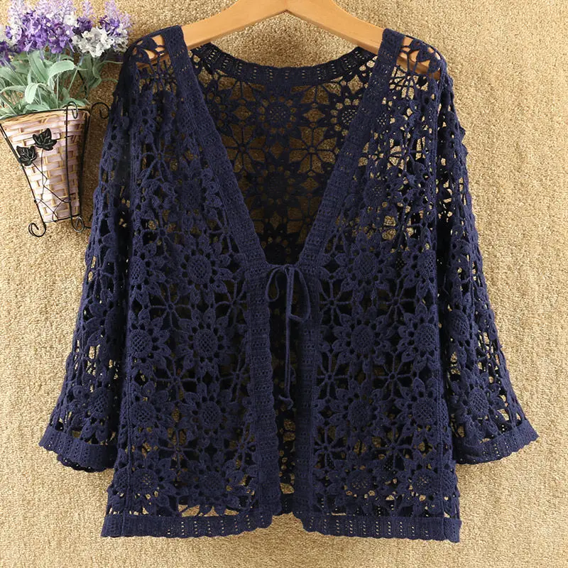 Sexy Hollow Lace Sunscreen Cardigan Sweater Women Wide Loose Air Conditioning Knitted Sweater Thin Section Female Spring Autumn