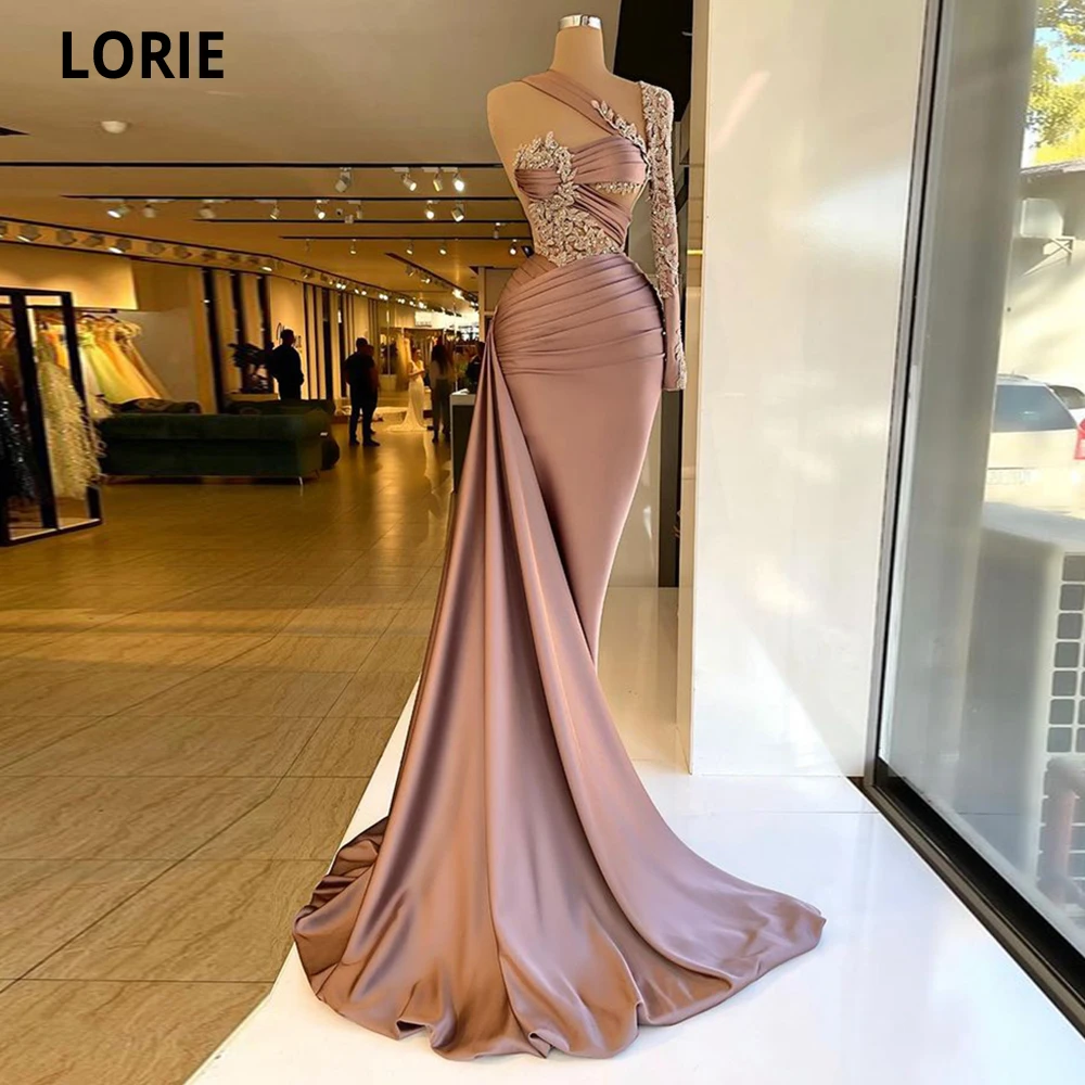 LORIE Luxury Dirty Pink Meramid Long Party Dress Appliques Squines Long Sleeves Prom Dresses Evening Gowns Vestidos De Festa