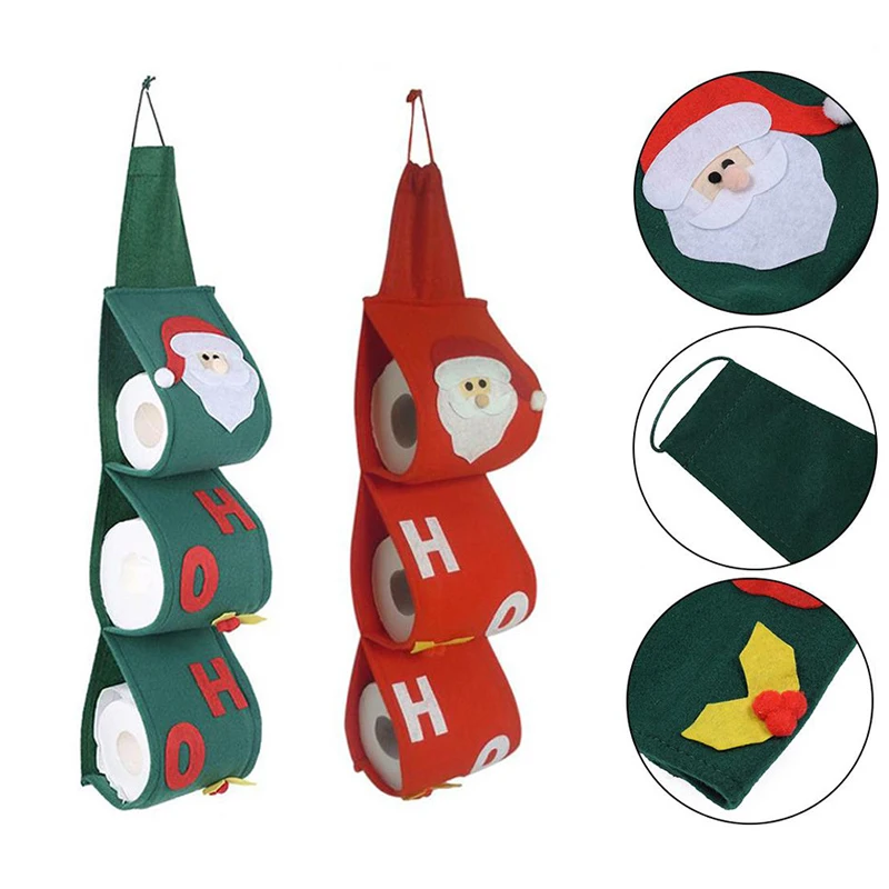 Christmas Toilet Roll  Paper Holder Santa Claus Roll Paper Storage Bag Covers Wall Hanging Paper Organizer Christmas Holder