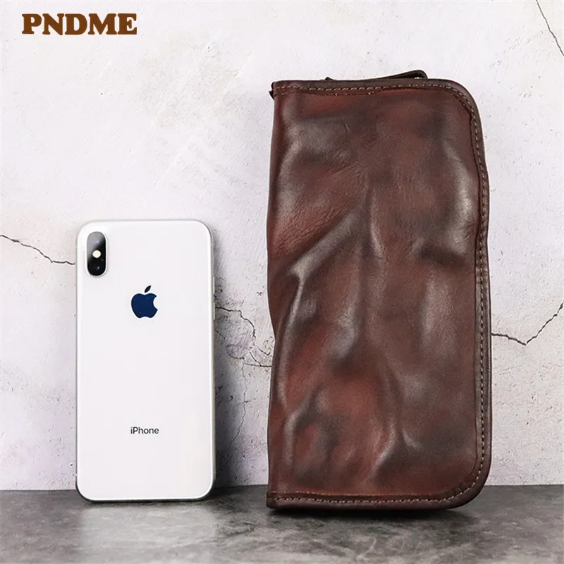 PNDME vintage first layer cowhide men\'s women\'s wallet simple handmade soft genuine leather ladies long phone zippers card bags