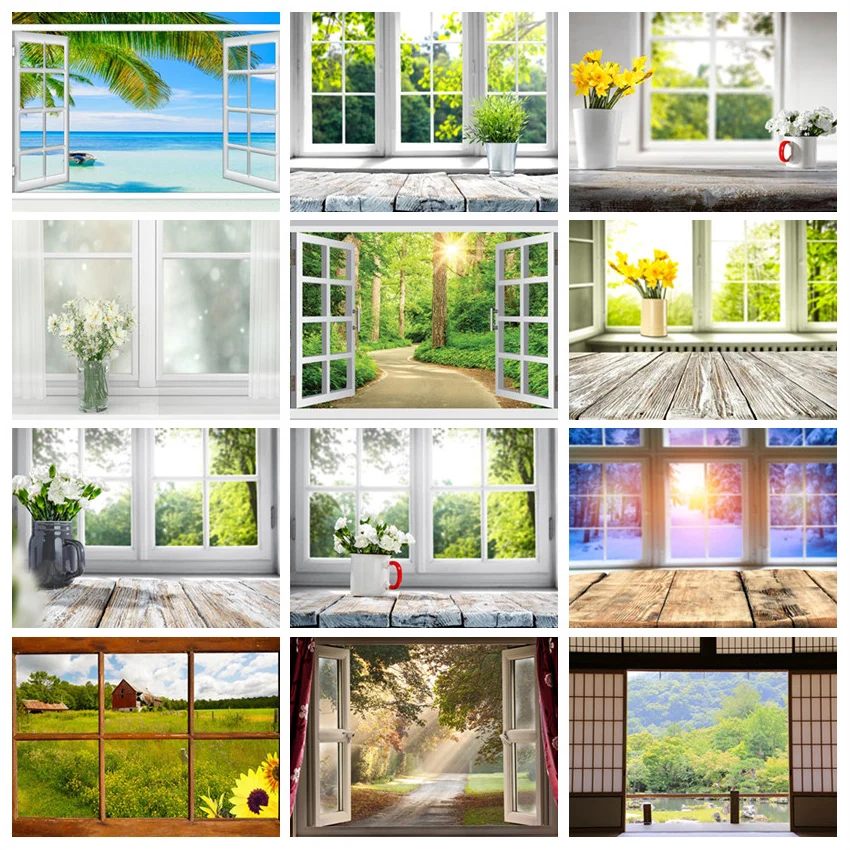 Spring Summer Window Sunshine Natural Scenic Vase Wooden Board Background Photography Backdrops Printed Photo Studio Photophone