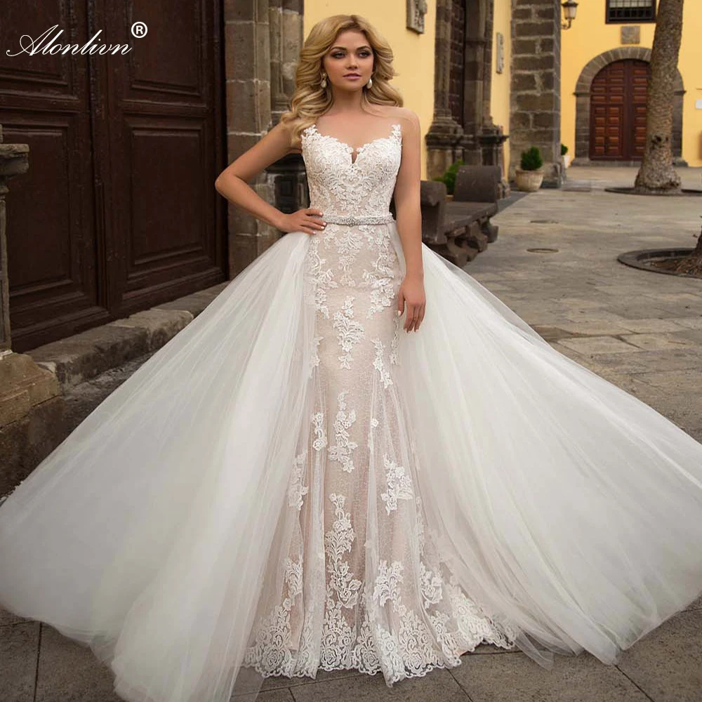 Alonlivn Customize Made Charming 2 In 1 Tulle Skirt Of Mermaid Wedding Dresses With Delicated Belt