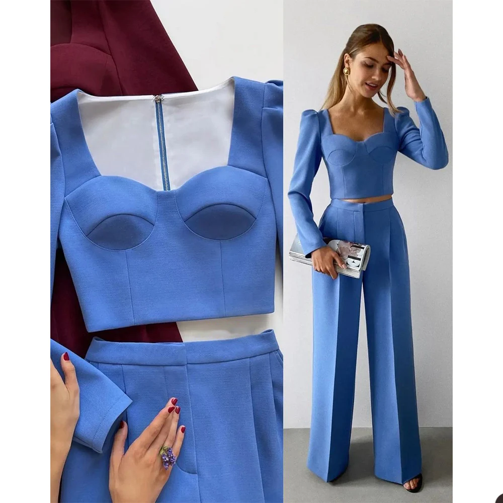 Moda azul para mujer, esmoquin suelto para madre de la novia, pantalones, traje de pierna ancha para fiesta de graduación, traje de boda para invitados, 2 piezas