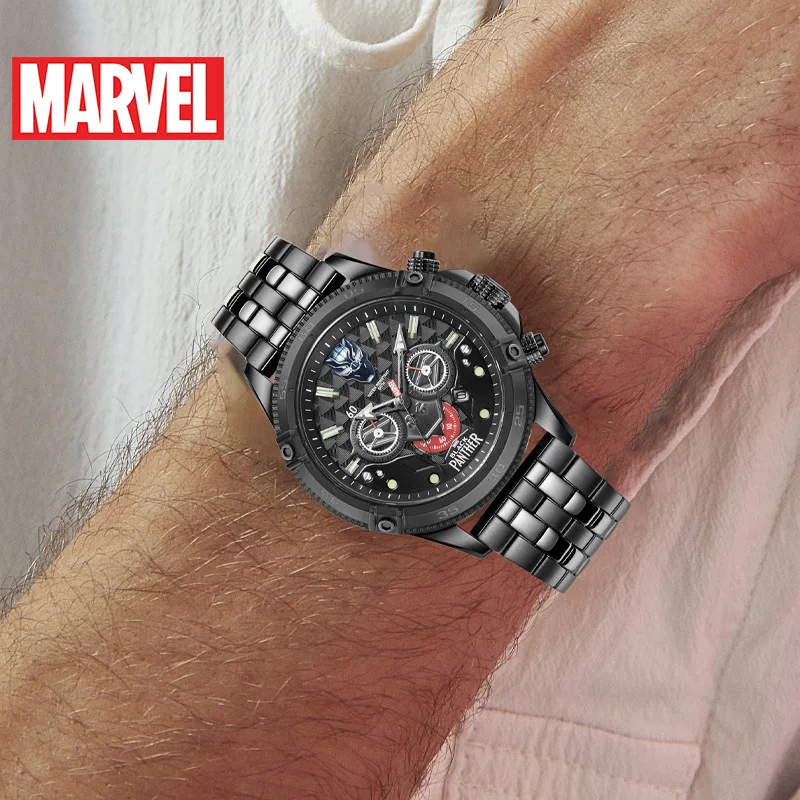 Imagem -06 - Disney Marvel Oficial Pantera Preta Masculino Quartzo Relógios de Pulso 50m à Prova Impermeável Água de Aço Inoxidável Montre Homme Exército Múltiplo Fuso Horário