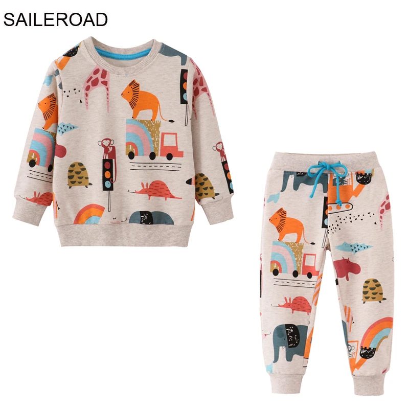 SAILEROAD Spring Children\'s Clothes Boy Cartoon Excavators Sweatershirts+Pants Kids Long Sleeves Clothing Set Teens Tracksuit