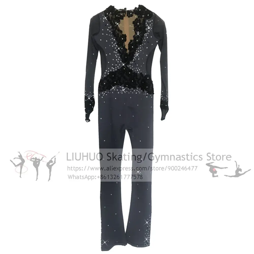 Figure Skating Jumpsuit Girls Women Ice Skating Catsuit for Girl Women Kids Customized Dark Grey Dance Costumes Spandex