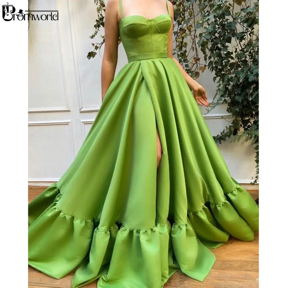 Herzförmiger A-Linien-Träger, grüner langer Abend-Abschlussball 2024, Robe De Soiree, offener Rock, Satin, besondere Anlässe, formelle Abendkleider