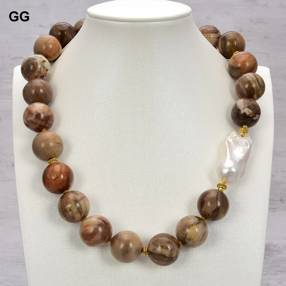 

G-G 20'' 20mm Petrified Wood Jasper Natural Stone White Keshi Pearl Necklace