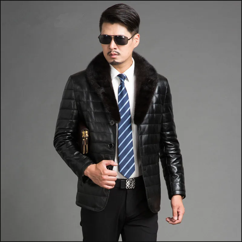 Sheepskin Jacket For Luxury Man Down Coat Mink Fur Collar Genuine Leather Jackets Parka Outwear Plus Size FYY621