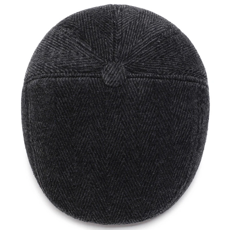HT2630 Beret Cap Autumn Winter Beret Thick Warm Earflap Cap Men Vintage Wool Felt Hat with Ear Flap Male Flat Cap