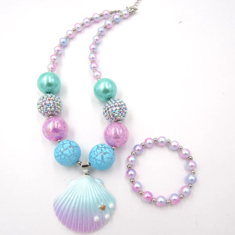 1Set Fashion Baby Kids Cute Chunky Bubblegum Necklaces Girls Iridescent Pearl Bead Necklace Bracelet Jewelry Sets For Child 2023