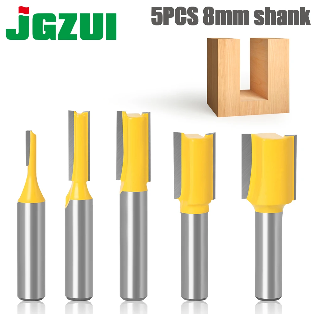 5PCS 8mm Shank Straight Woodworking Router Bit Set Carpenter Milling Cutter 3/6/10/12/16mm Cutting Diameter