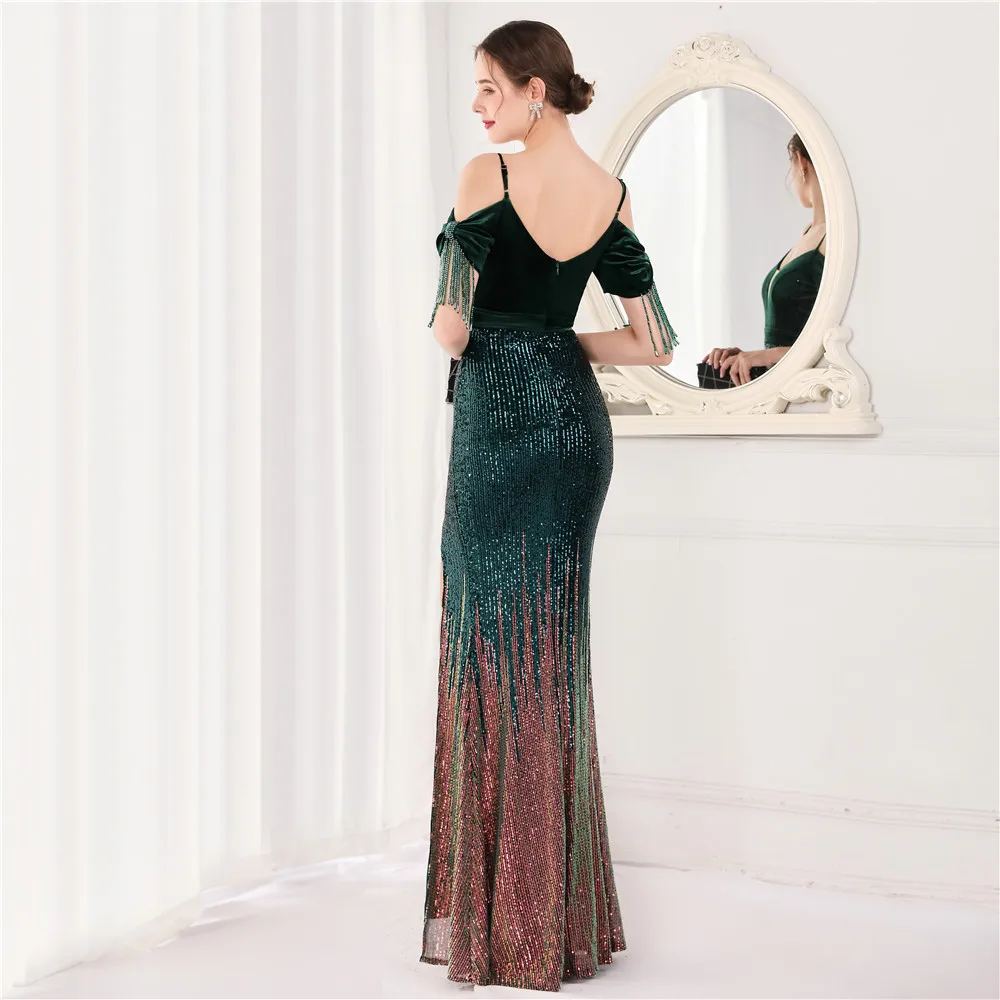 DEERVEADO K18829 Prom Dresses 2022 New Emerald Green Maxi Dress for Women Mermaid Sequin Party Dresses Prom Gown