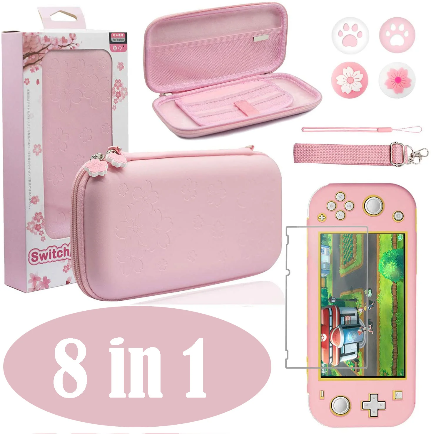 8 in 1 Pink Travel Carrying Case Accessories Kit for Nintendo Switch Lite Console Nanometer soft film  Protector Thumb Stick Gri