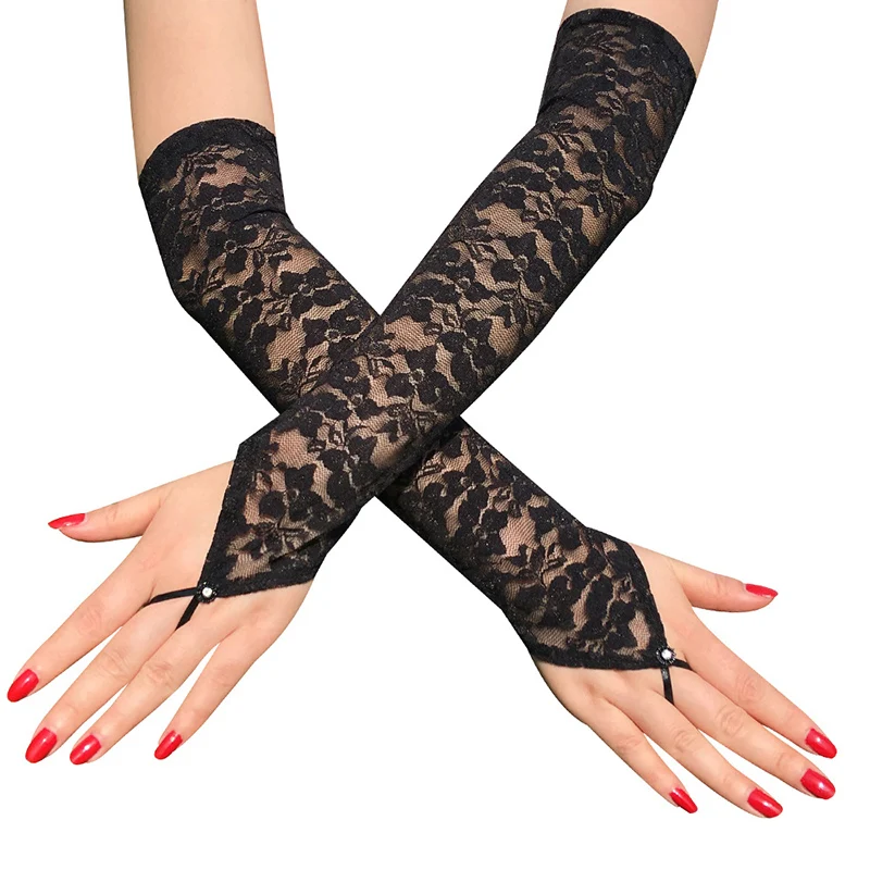 Arm Elbow Gloves Stretch Women Fingerless Long Lace Gloves Dress Accessories Sexy Floral Transparent Elegant Arm Sleeve White