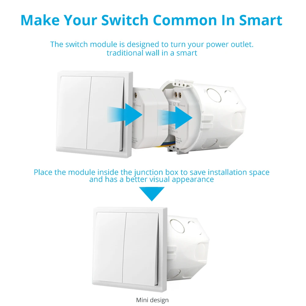 Zemismart Zigbee Inline Module Switch Work with Tuya Mini Light Switch 2 Gangs 2 Way Neutral Optional Alexa Google Home