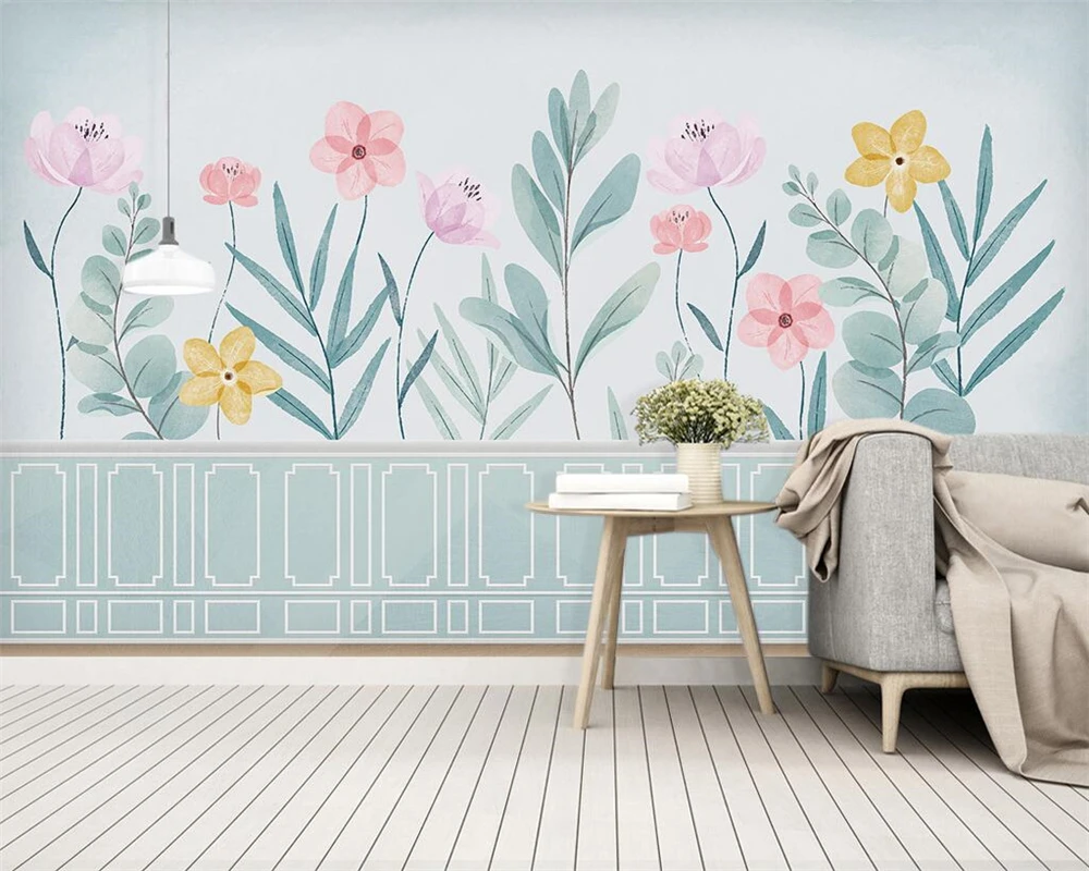 

Beibehang Customized modern nordic green watercolor leaf flower plant children's room background papel de parede 3d wallpaper