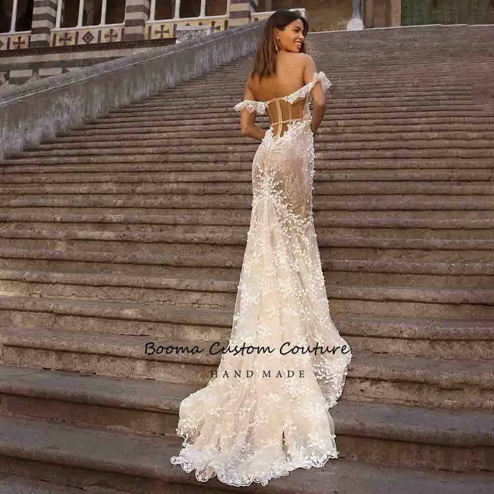 Booma-vestidos de novia de sirena con hombros descubiertos, traje de Novia de encaje completo, trompeta, princesa