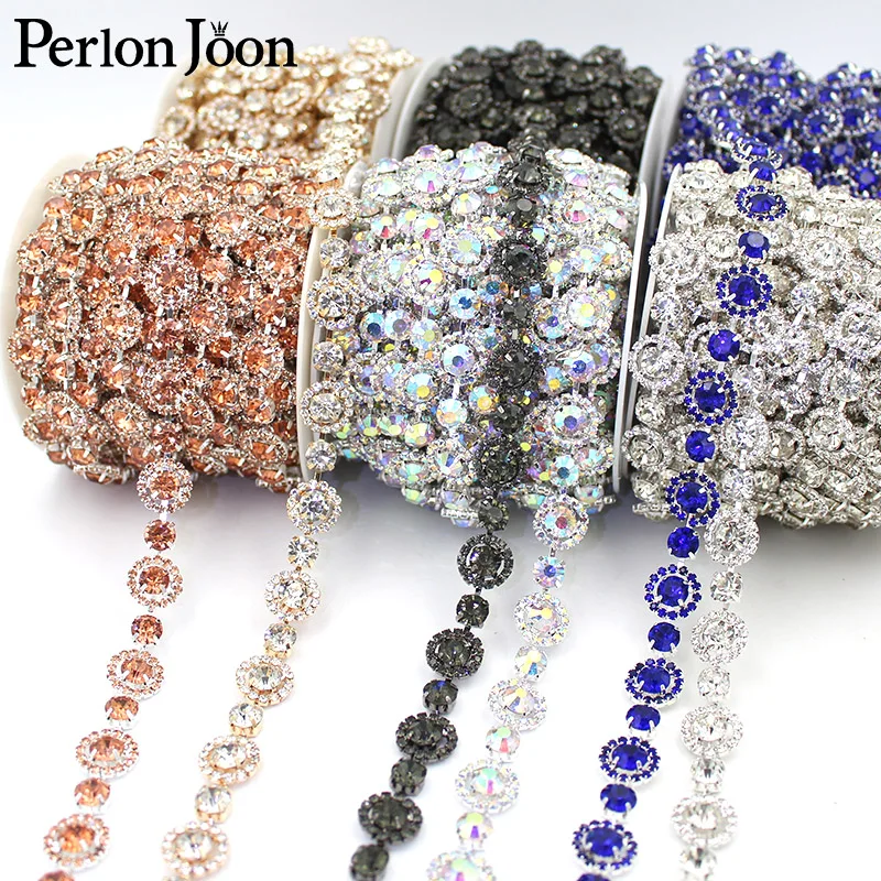 1yard colorful circle crystal arrangement rhinestone applique trim chain sewn on shoes wedding decoration accessories ML134