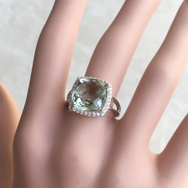 CSJ Elegant Green Amethyst Ring Cushion Cut12mm Gemstone Sterling 925 Silver Fine Jewelry for Women Girl Party with Gift Box