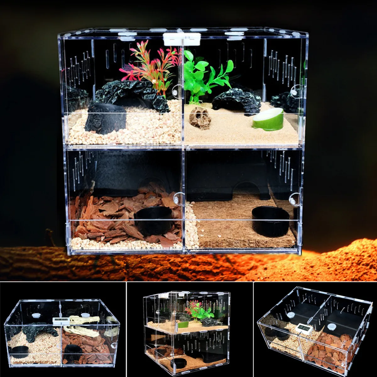 Pet Reptile Tank Acrylic Terrarium 4 Grids Insect Spiders Lizard Breeding Box Tortoise Snakes House Cage Reptiles Accessories