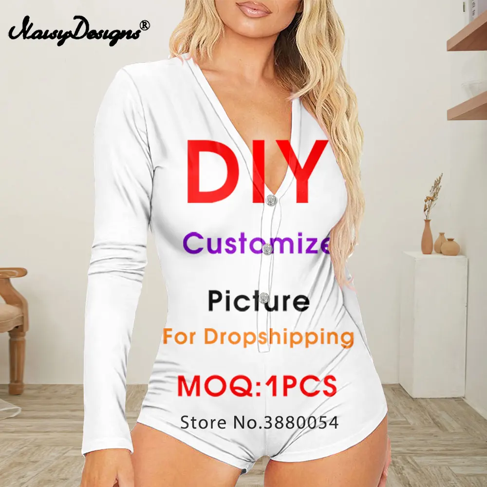 Customized Image Logo Women Jumpsuit Elegant Tight Long Sleeve Skinny Bodysuit Short Lady Summer V Collar Size 4XL Dropship